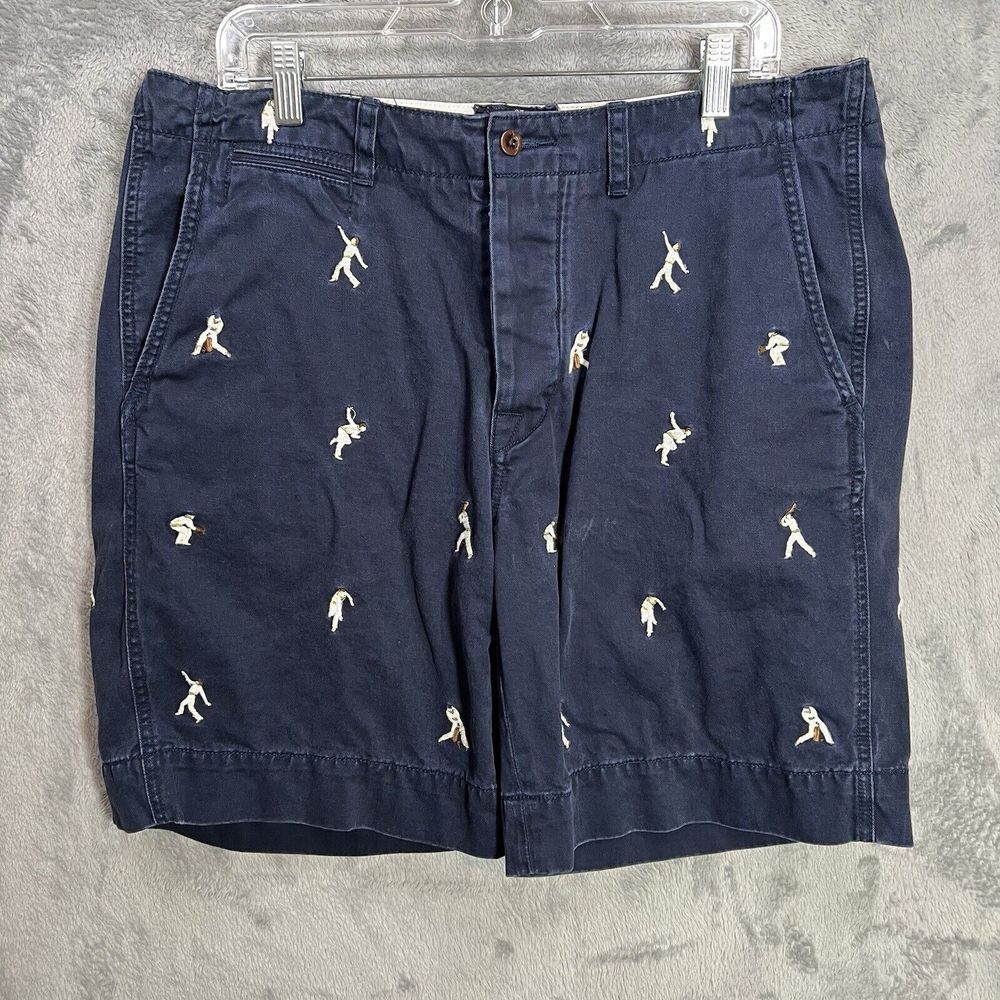 Polo Ralph Lauren‎ Shorts Mens 35x9 Blue Criquet Player Embroidery Button Fly